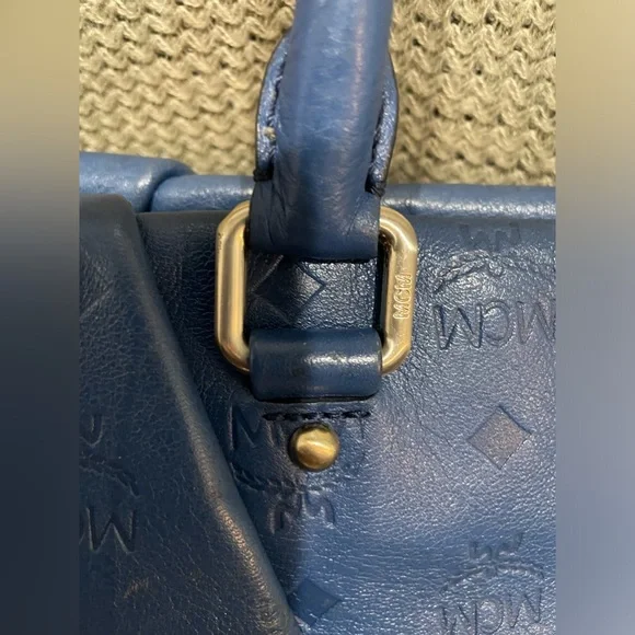 MCM Embossed Blue Leather Bag with original crossbody strap